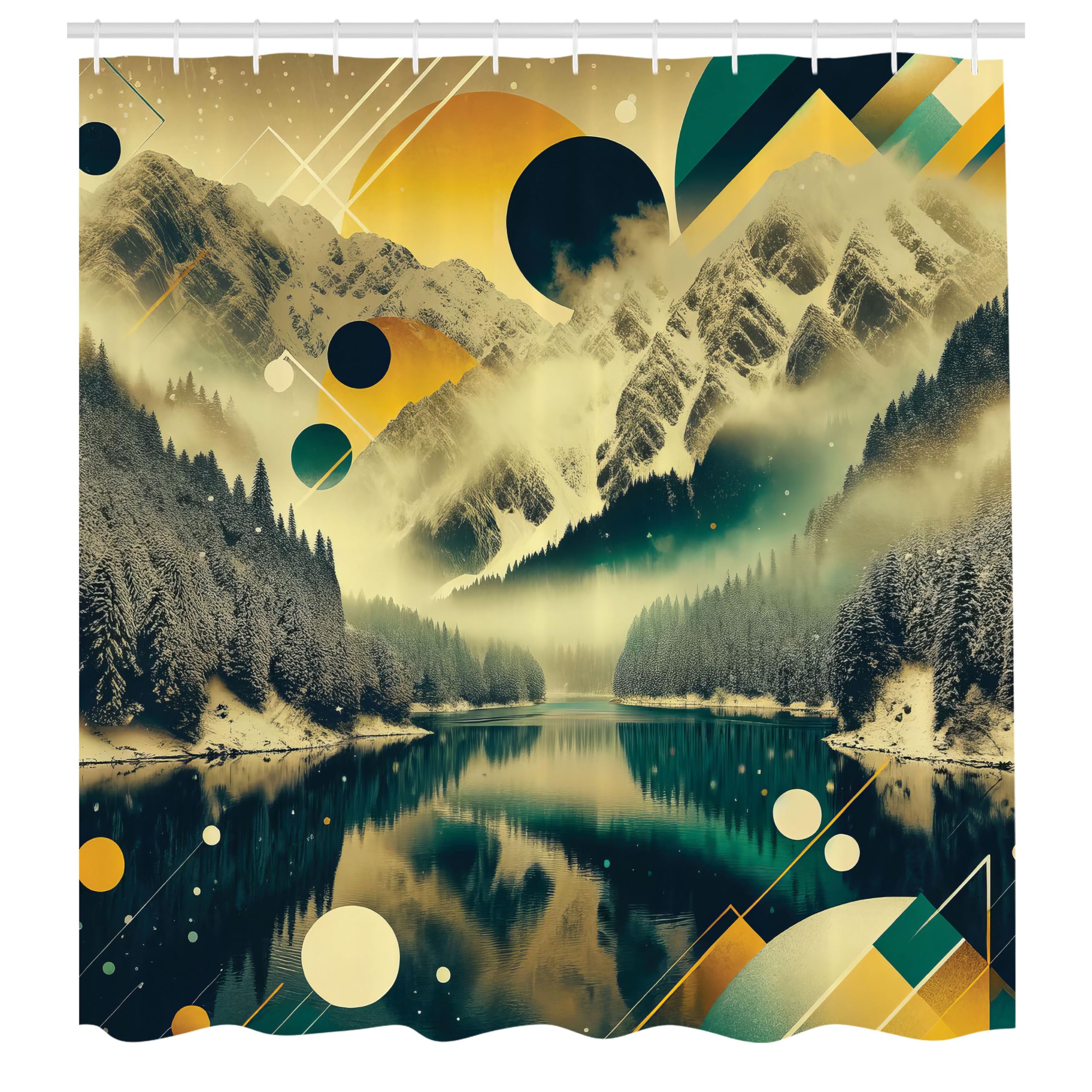 Ambesonne Lake Shower Curtain, Geometric Rounds And Triangles Ornate Misty Water Scene With Dark Woods, Cloth Fabric Bathroom De